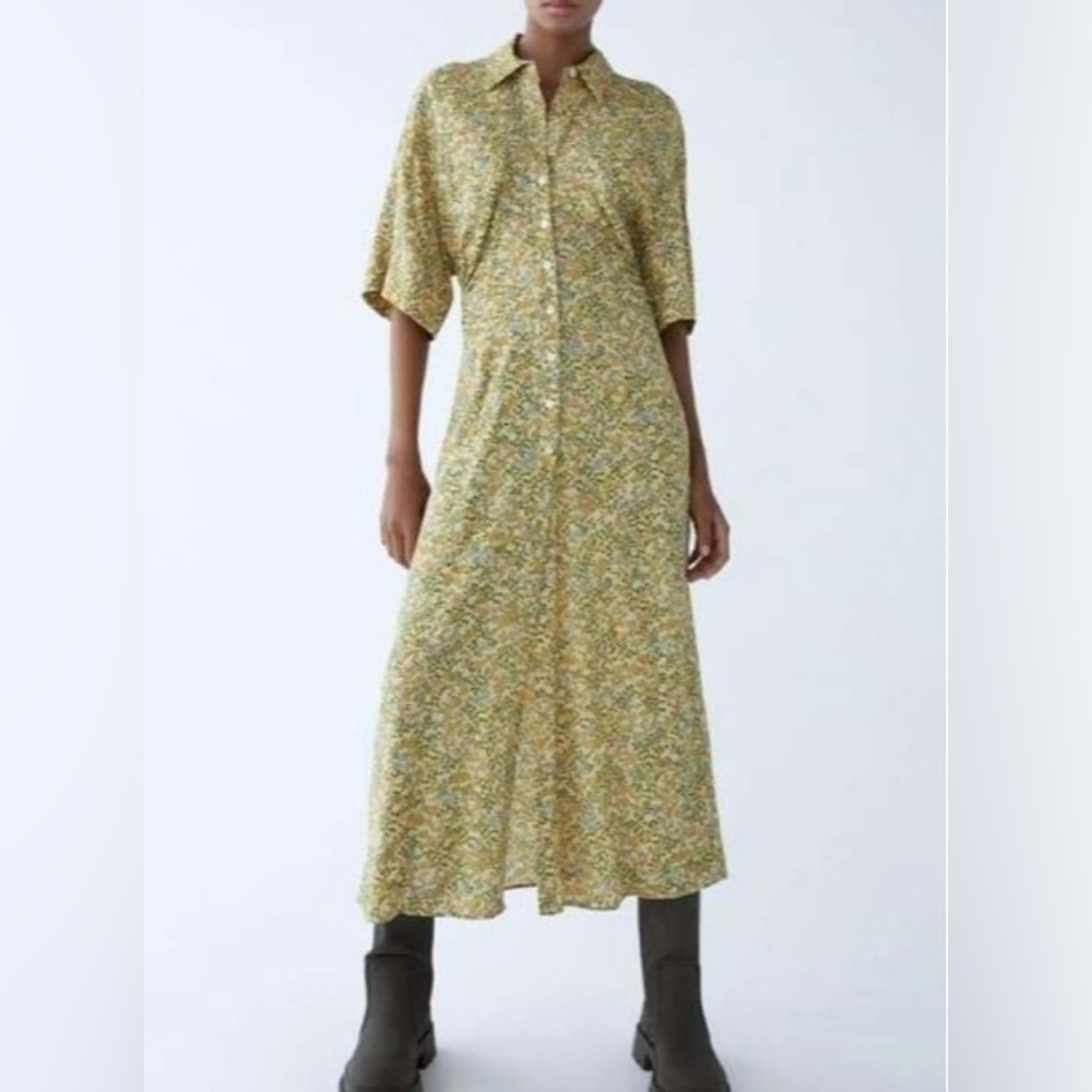 Zara Yellow Cream Buttoned Midi Dress - Picture 1 of 8